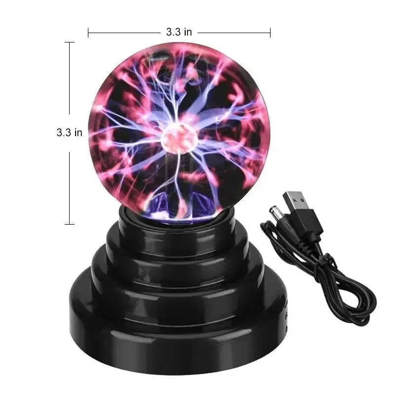 boule plasma luminescente tactile verre noir rouge bleu moderne technologie base pyramidale câble alimentation
