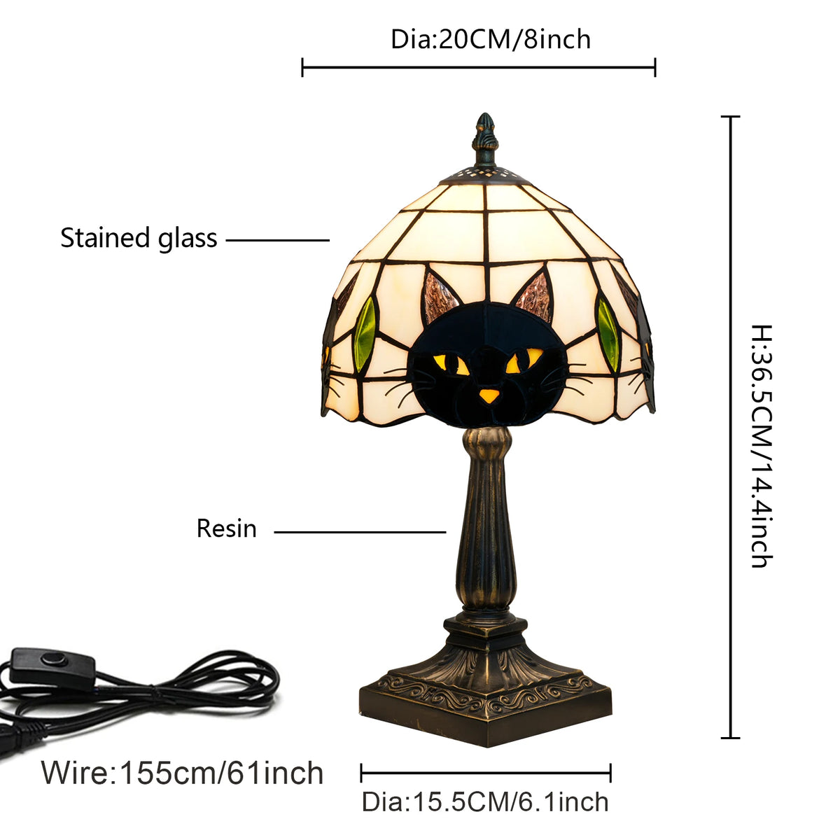 lampe table tiffany vitrail chat noir stained glass fixe base carrée