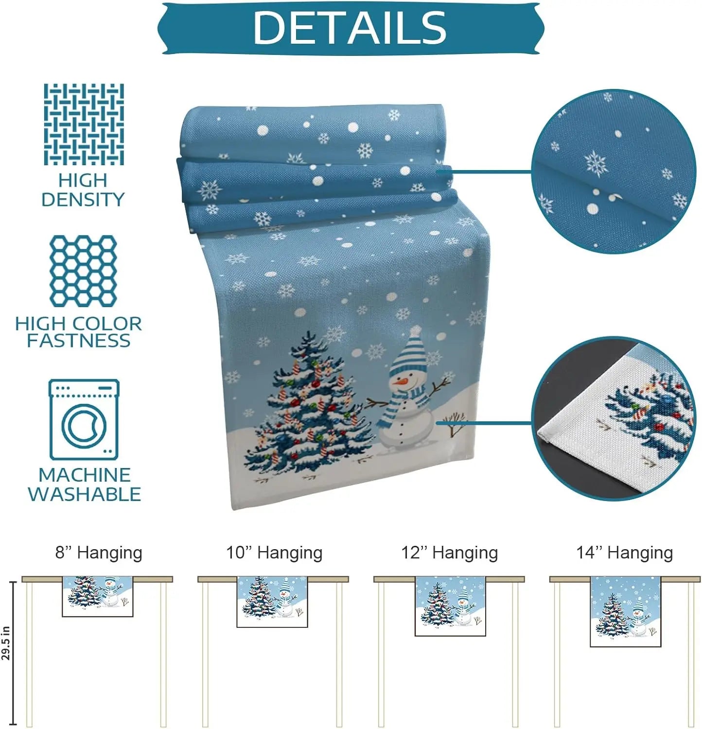 Illustration détaillée d'un décor d'hiver avec un arbre de Noël et un bonhomme de neige sur un tissu bleu marine couvert de flocons de neige, disponible en différentes tailles pour une utilisation décorative.