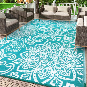 tapis extérieur pliable gris blanc motif floral moderne pique nique camping salon deco