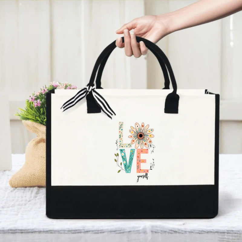 sac main toile beige noir imprimé floral love yourself poignées respectueux environnement utilisation quotidienne