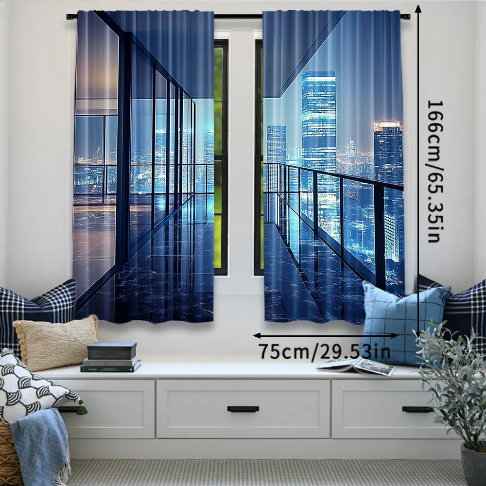 rideau moderne bleu imprimé ville semi transparent contemporain 75x166cm 105x230cm 130x210cm polyester