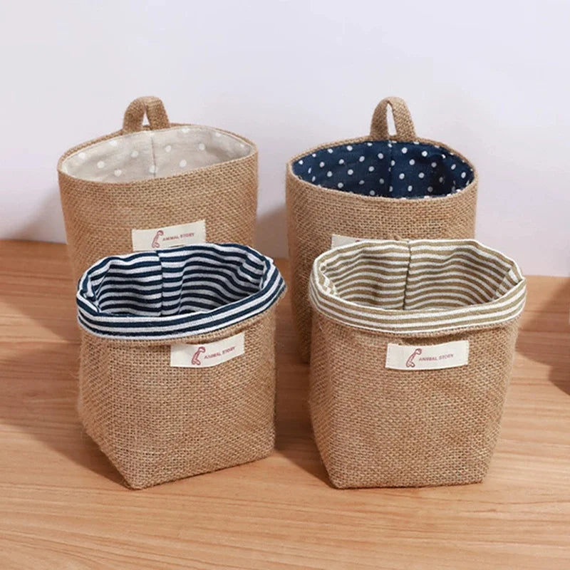 sac rangement toile jute pois rayures beige bleu clair rustique boho chic pliable crochet