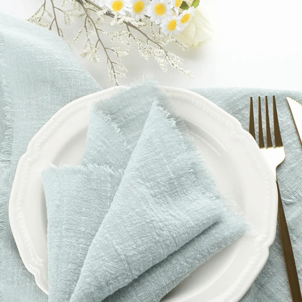 lot serviettes table coton rustique bords effilochés pompons couleur unie