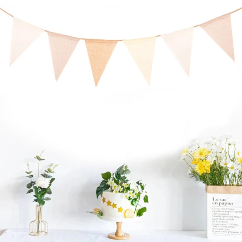 guirlande fanions toile jute blanc beige rustique mariage anniversaire deco enfant