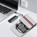 Sac ordinateur portable gris tissu doux moderne chargeurs adaptateurs câbles USB SSD HDD