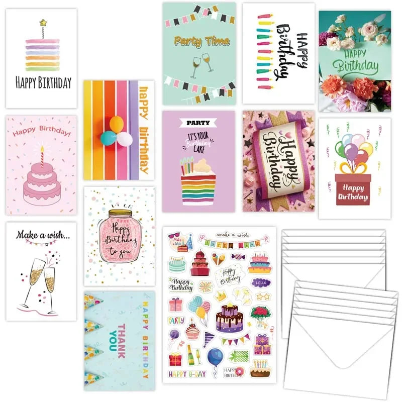 cartes postales anniversaire multicolores gâteaux ballons confettis enveloppes festives bricolage invitations