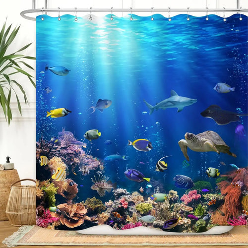 rideau douche sous marin poissons coraux moderne crochets bleu vert jaune opacité polyester scénique