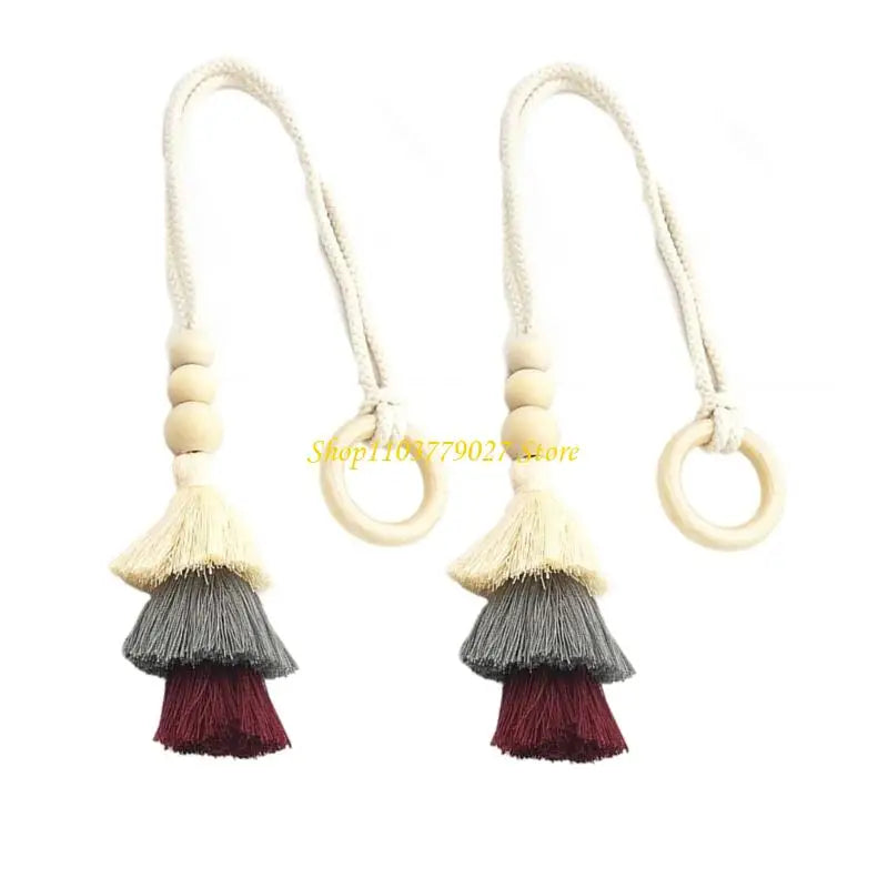 tassel tissé boho chic anneaux bois coton chanvre rayé violet farmhouse deco
