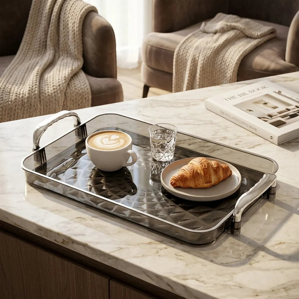 plateau service moderne argenté texture diamant 3d poignées nourriture rangement cuisine organizer transparent élégant