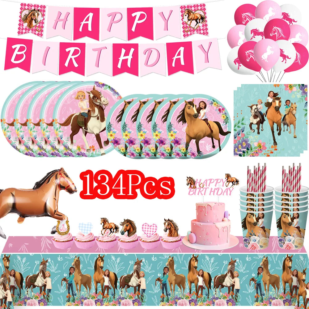 assiettes anniversaire chevaux filles fleurs nappe table enfant illustration mariage noël fêtes