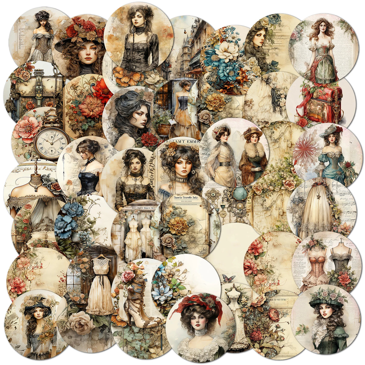 médailles vintage romantique fleurs vêtements historiques accessoires scènes urbaines beige noir rouge bleu vert