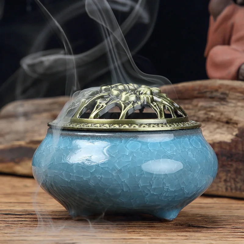 bougeoir encens poterie artisanal texture craquelée couleurs rouge vert bleu noir jaune vintage cendrier