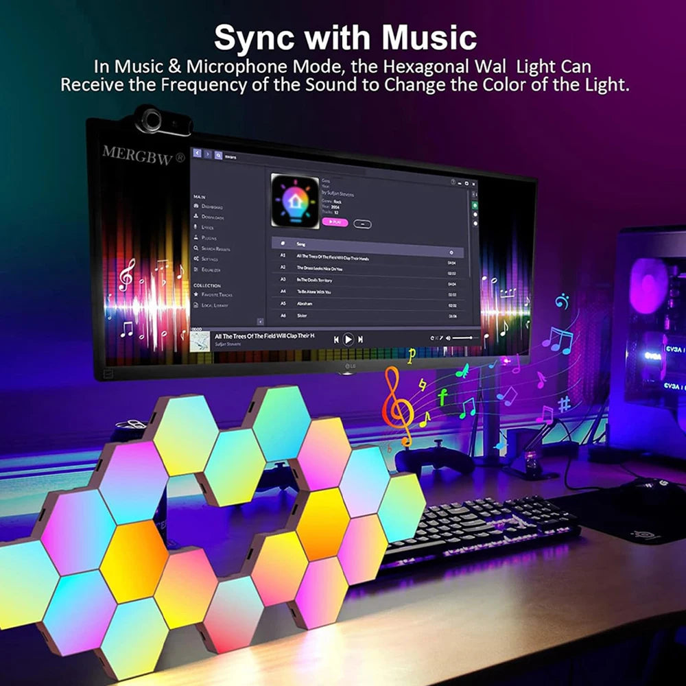 lampe murale hexagonale multicolore diy clips application mobile moderne gradation couleurs veilleuse led
