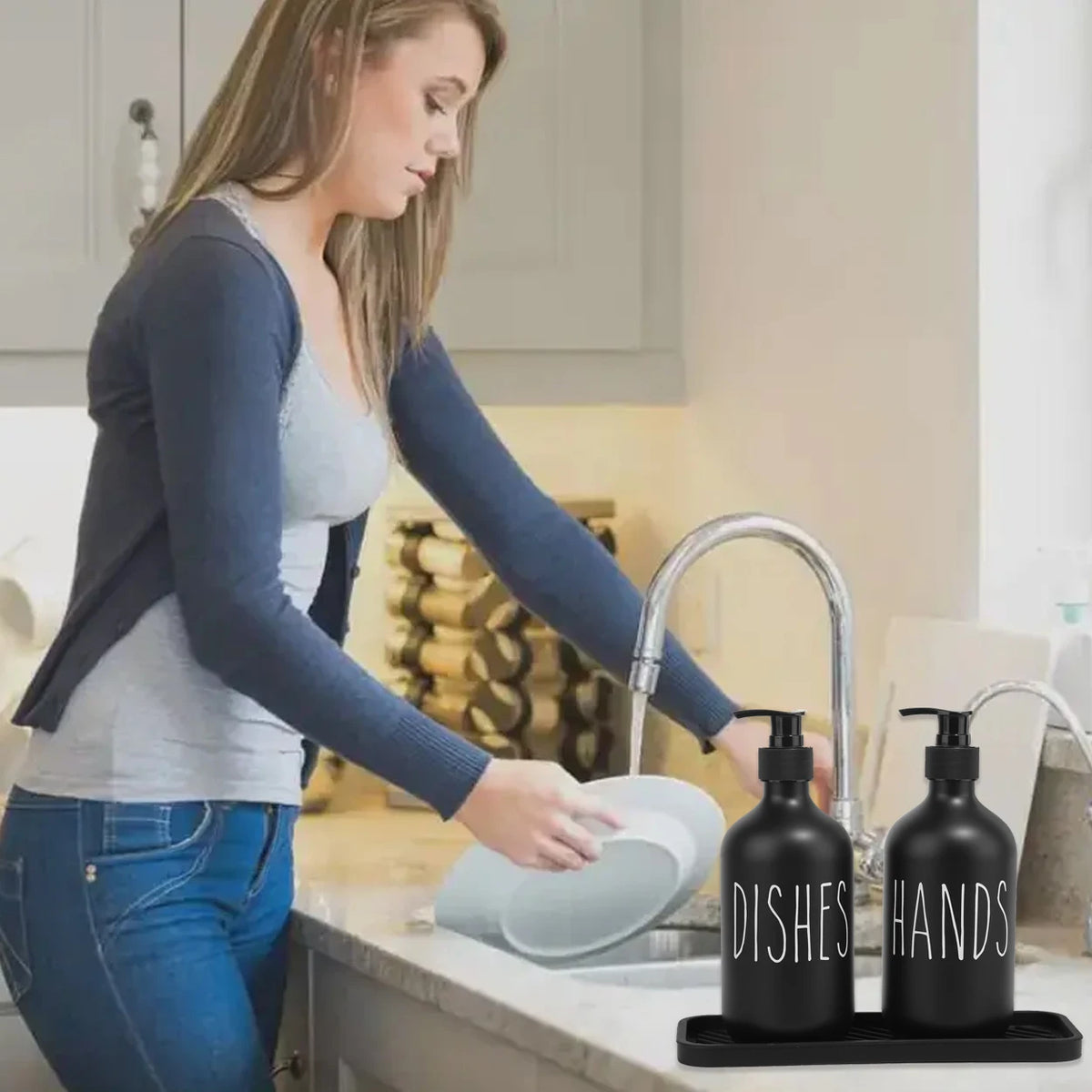 bouteilles savon liquide noir plateau rangement minimaliste 500ml main vaisselle rechargeable