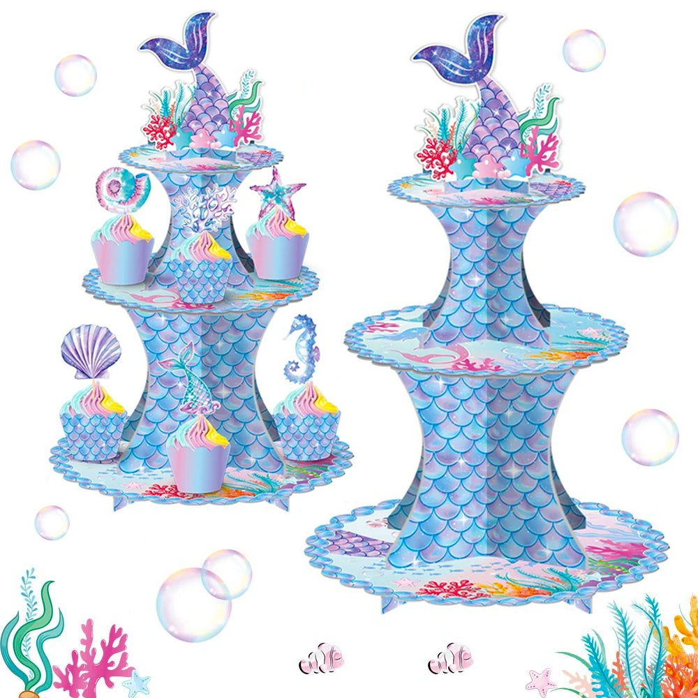supports cupcakes sirène bleu rose anniversaire thème poisson corail festive