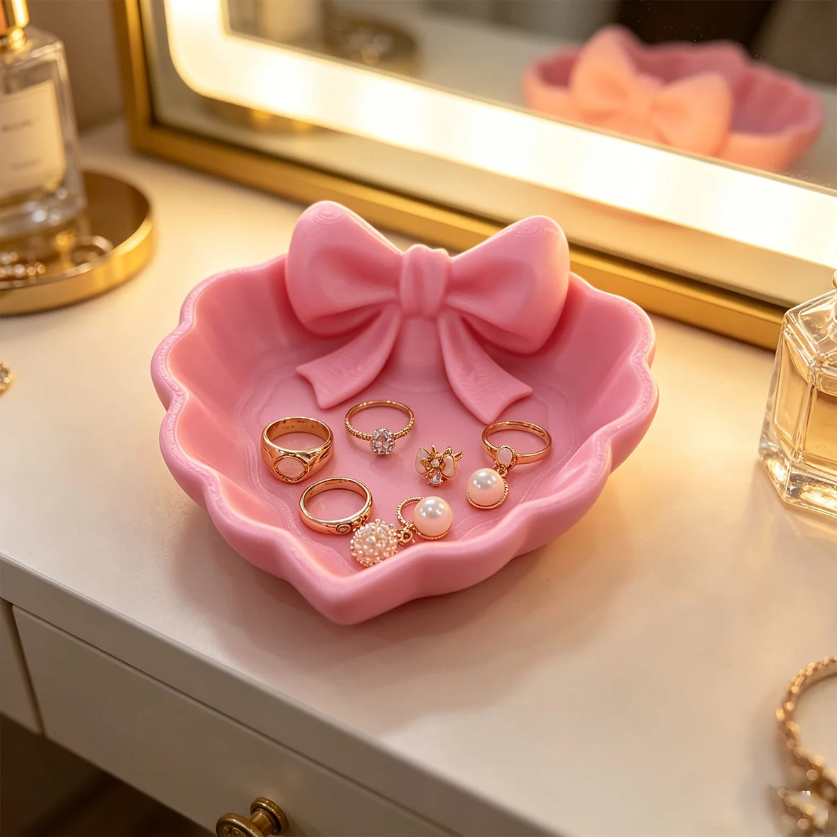plateau bijoux forme fleur rose nœud central relief surface lisse décoration féminine mignonne anneaux
