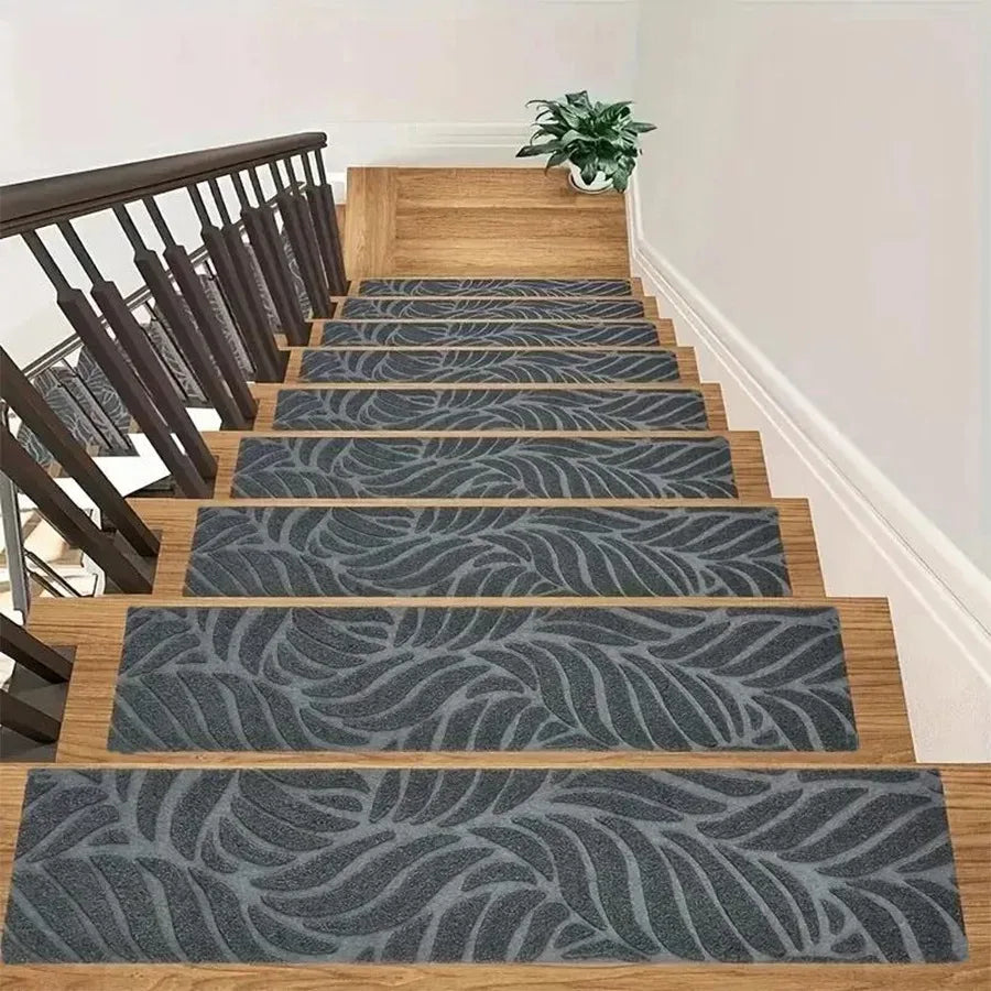 tapis d'escalier gris motif feuilles antidérapant autoadhésif intérieur 76x20cm polyester PVC