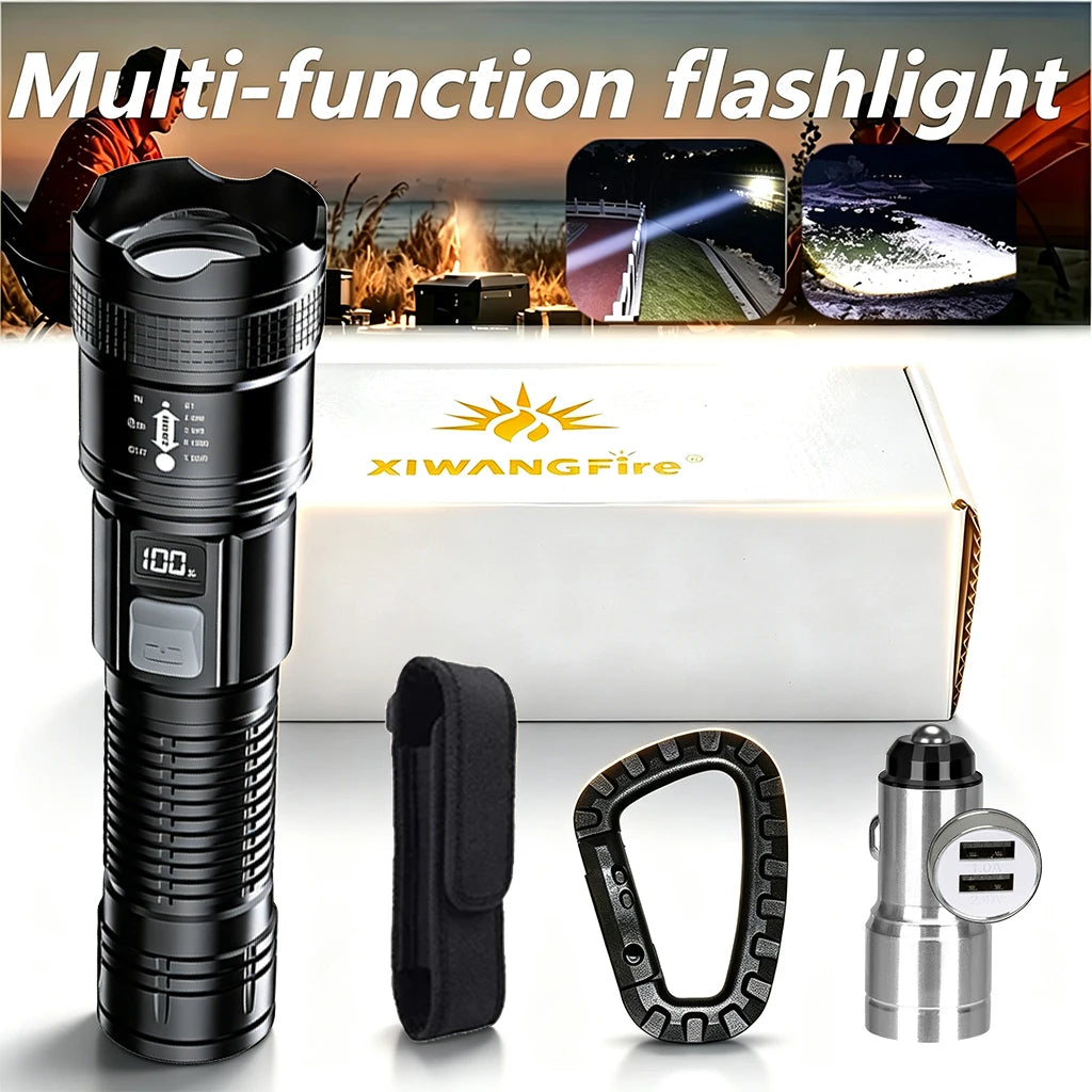 lampe poche noire rechargeable led étanche camping torche réglable mode haut basécran digital included