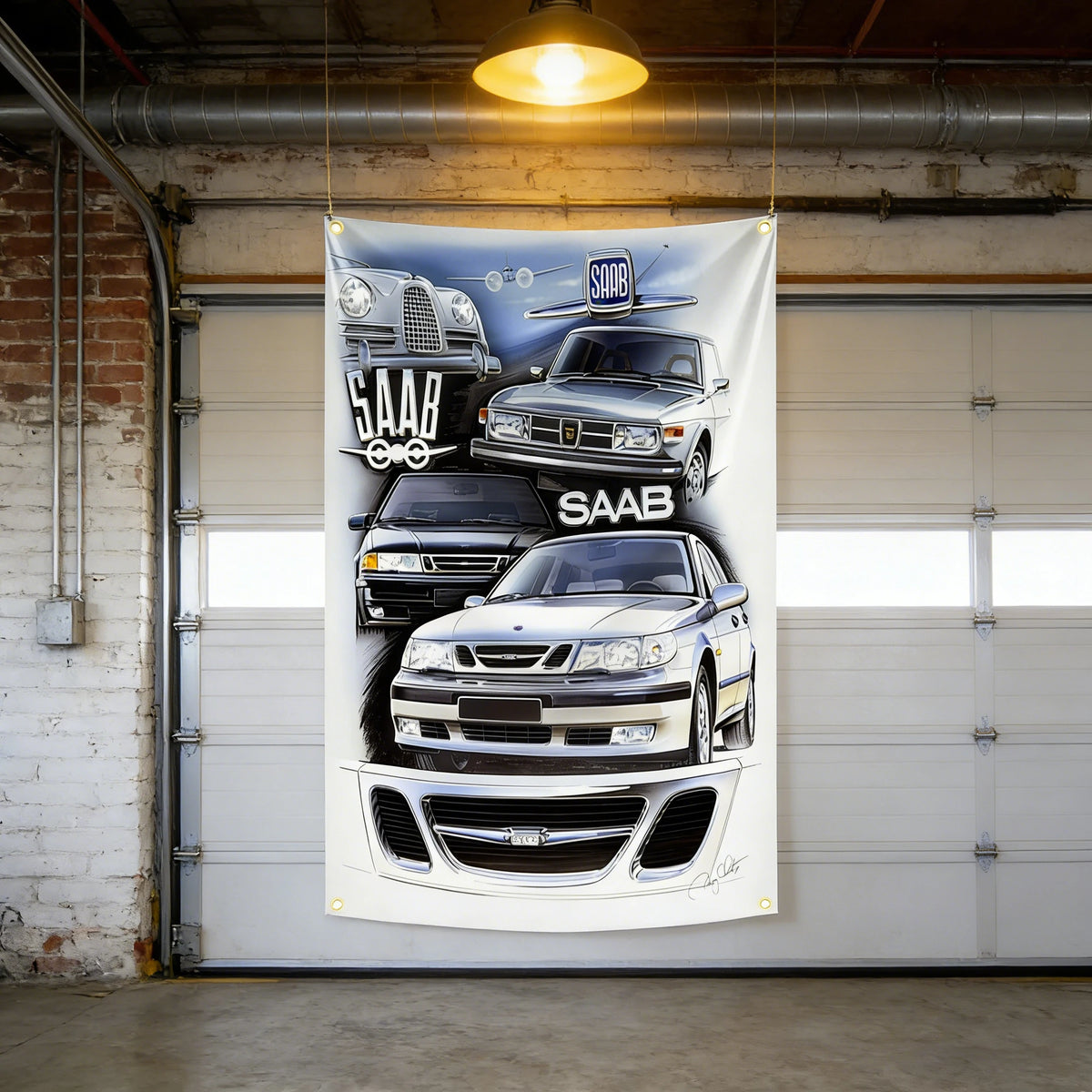 bannière publicitaire voitures vintage bleu blanc illustration drapeau polyester garage decoration accrochée