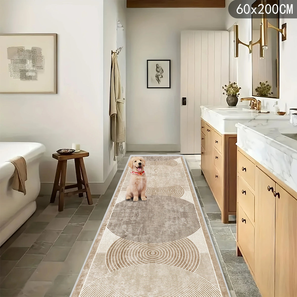 tapis moderne minimaliste concentrique polyester durable beige gris antidérapant intérieur extérieur