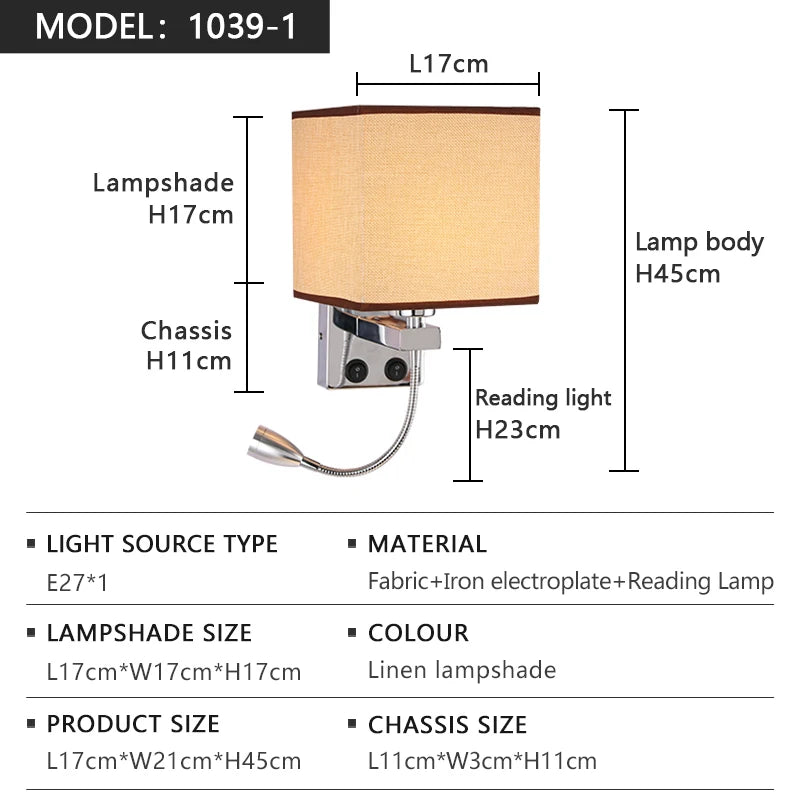 lampe murale moderne led usb interrupteur tissu blanc beige noir