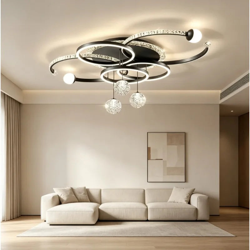 lampe suspendue moderne noire dorée blanche strass étoiles led chambre restaurant villa