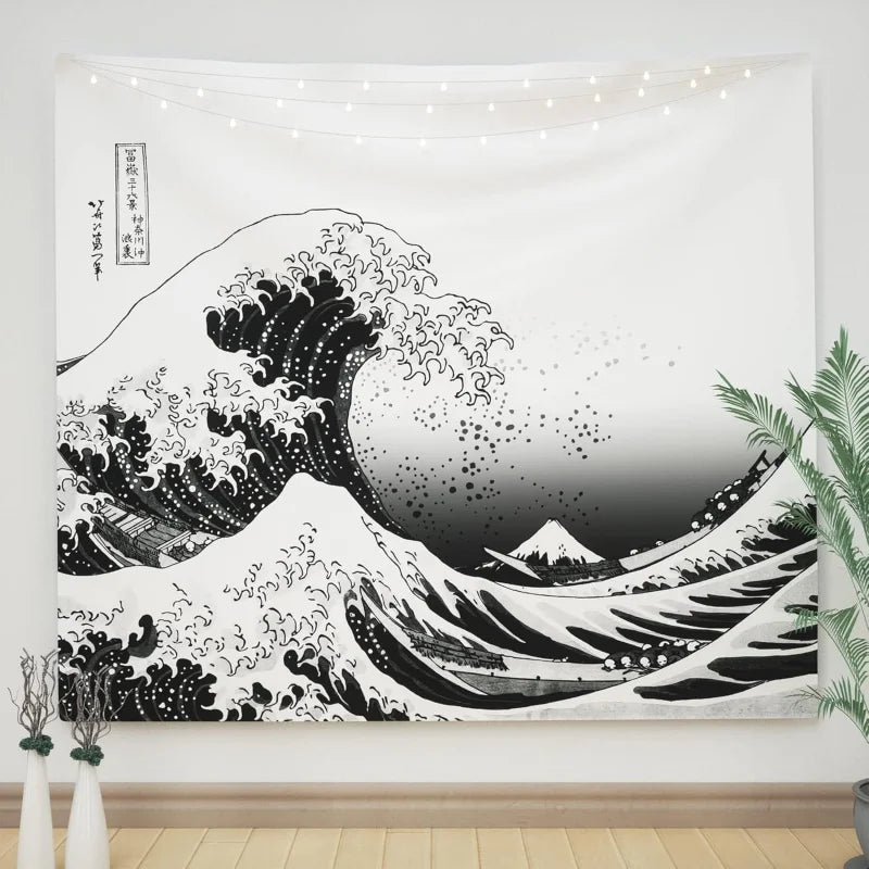 tapisserie ukiyo vague montagne japonais blanc noir décoration murale salon chambre