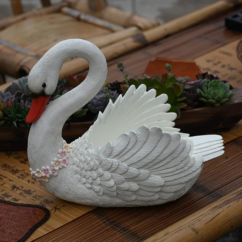 jardin animal sculpture cygne fleuri décoration balcon pot fleur résine décor champêtre plante verte