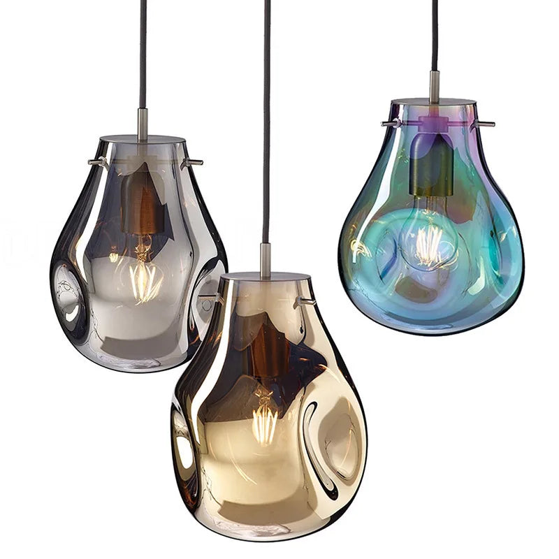 Suspension lumineuse moderne verre transparent doré bleu ampoules filament minimaliste