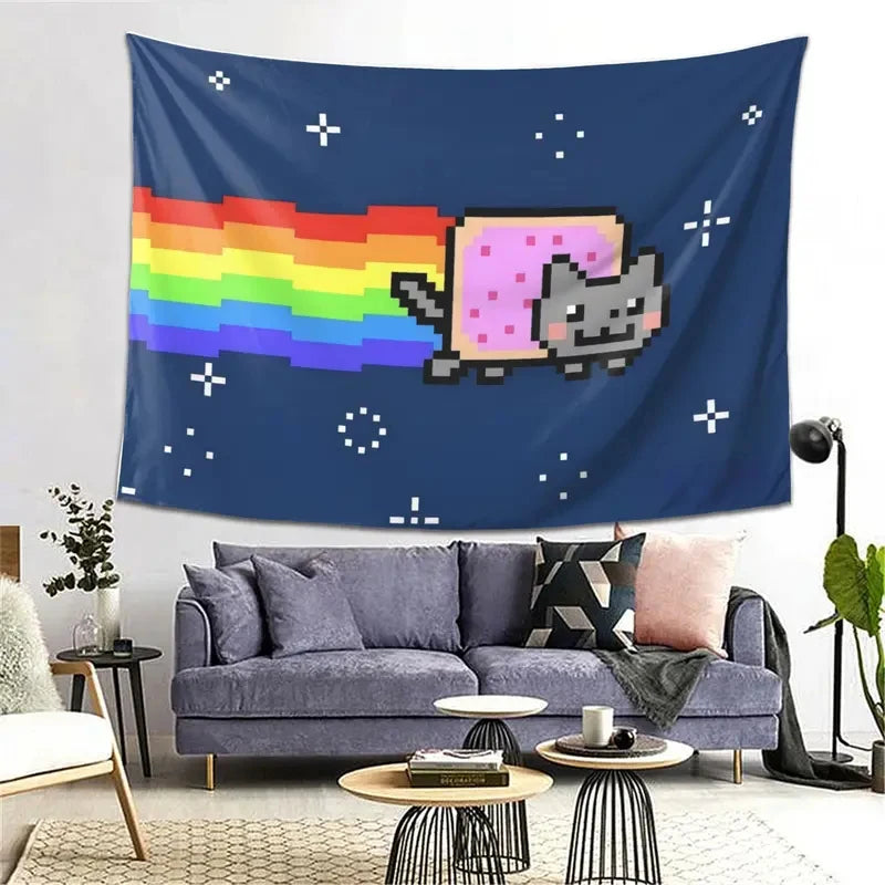 tapisserie pop art chat nyan arc ciel bleu rose géométrique grande dimension chambre decoration