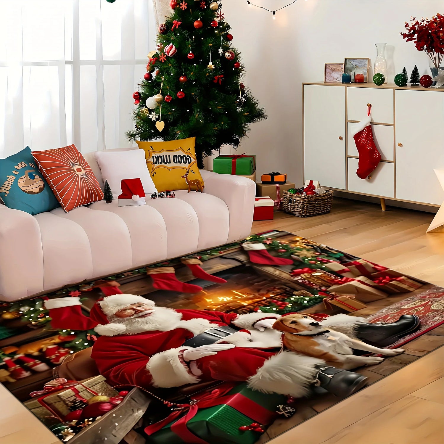 Paillasson de Noël utilisé dans une salle de bain festive