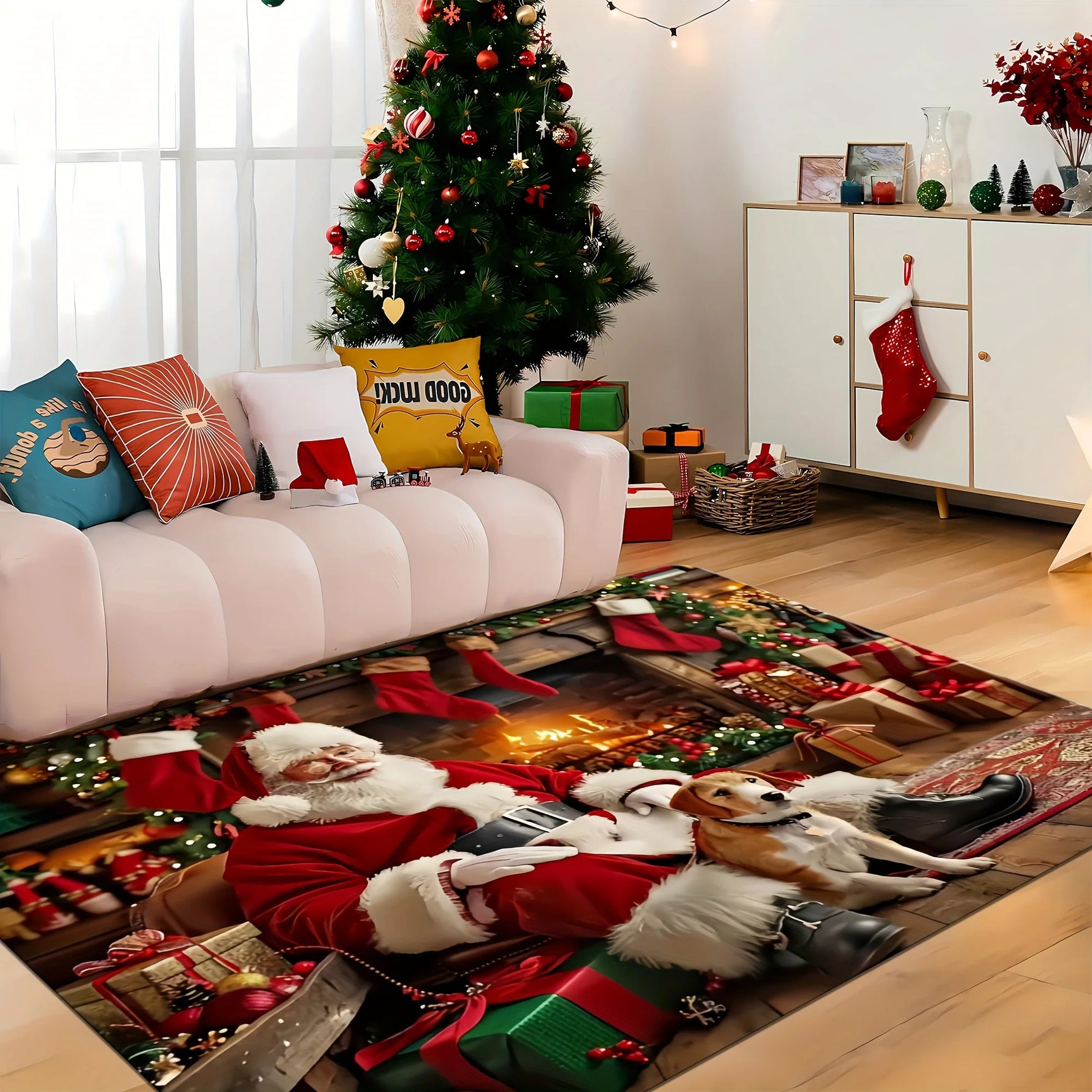 Paillasson de Noël utilisé dans une salle de bain festive
