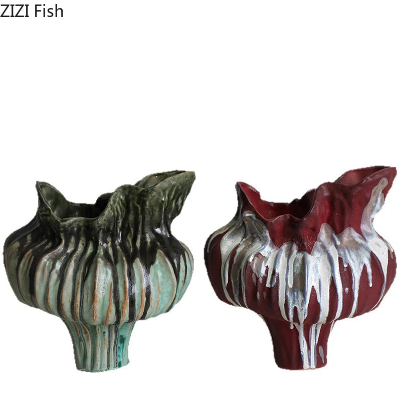 vase moderne porcelaine céramique vert rouge blanc rayures texture rugueuse wabi sabi décoration table