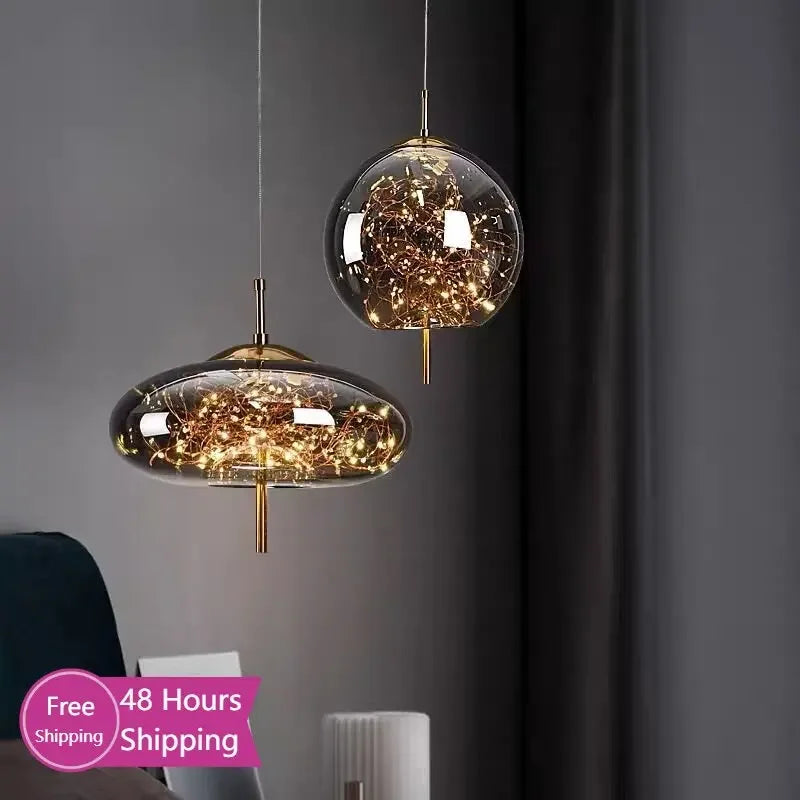 lampe suspendue moderne transparente dorée fil cuivre câble suspendu chambre salon étude chambre d'hôtel