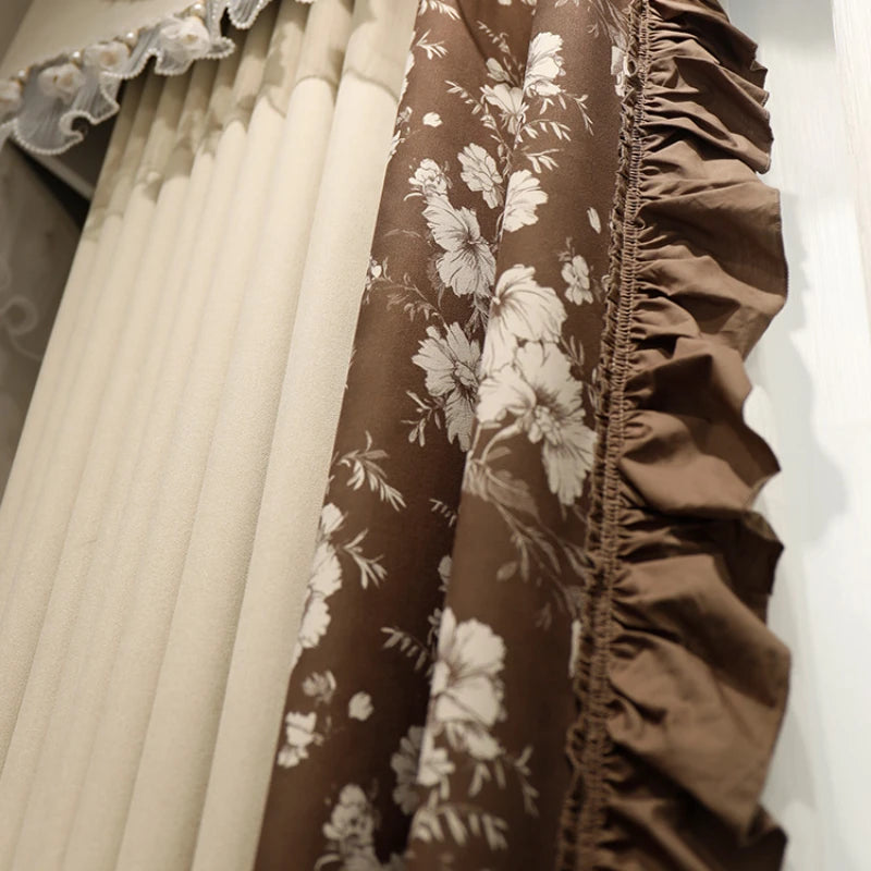 rideau occultant dentelle fleurs marron beige classique romantique salon chambre maison tissu polyester épais