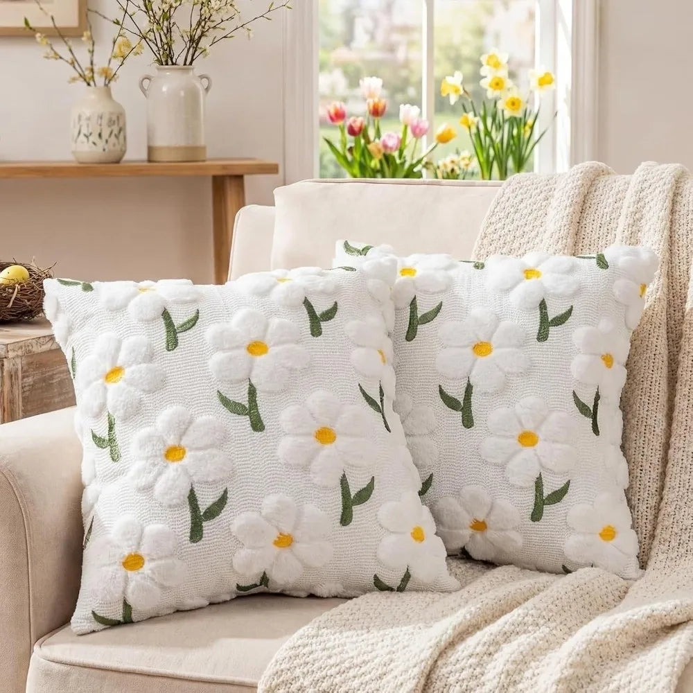 housses coussin brodées marguerite faux fourrage blanc rose vert dimensions 45x45cm 30x50cm 40x40cm decoration