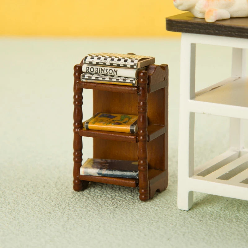 miniature bibliothèque bois étagères sculptées livres miniatures classique pièce maison poupée