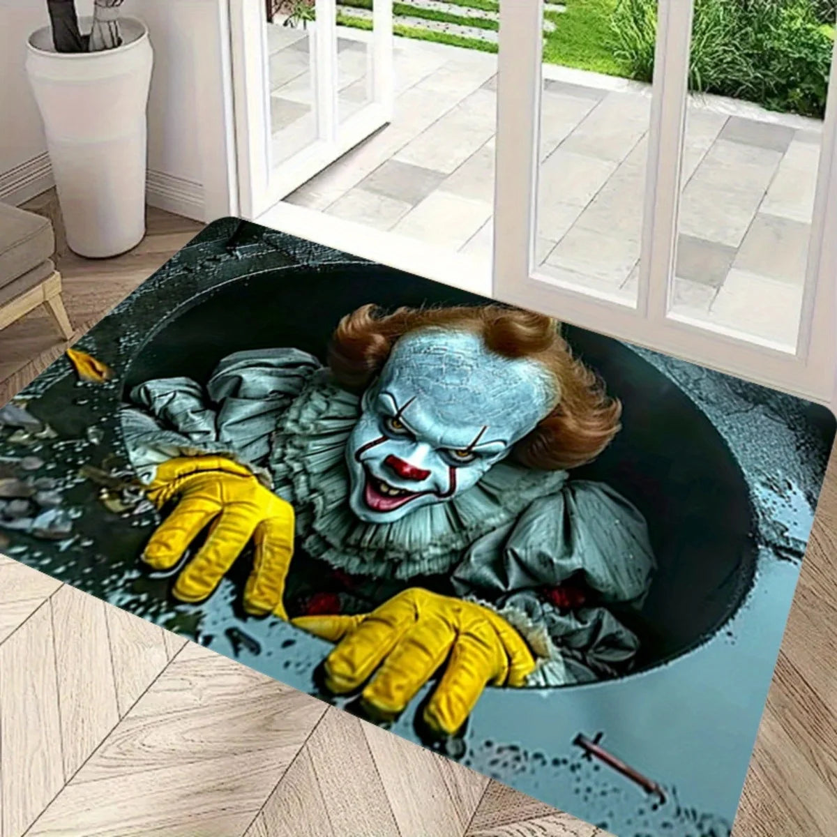 tapis sol extérieur halloween clown mains jaunes bleu gris noir résistant decoration porte chambre