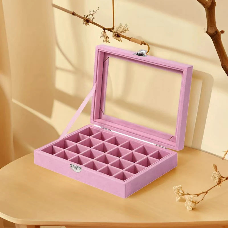 boîte bijoux velours rose moderne compartiments transparents cadenas 24 places