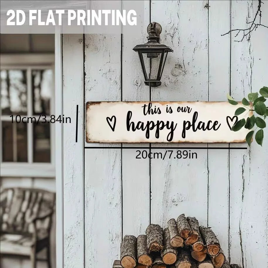 plaque décorative bois blanc noir texte happy place coeurs vintage rustique sans fixation