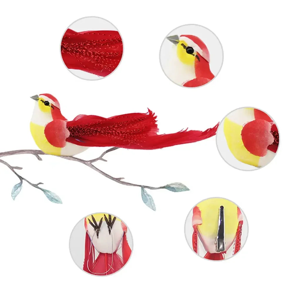 ornements décoration oiseaux artificiels plumage brillant points dorés gris orange vert jaune marron bleu