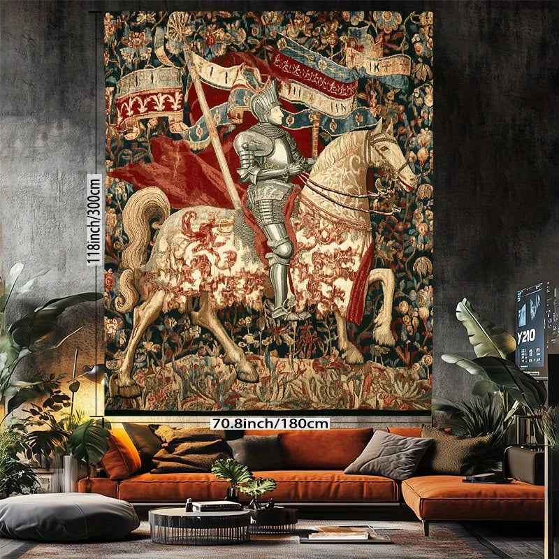 tapisserie renaissance chevalier cheval motifs floraux rouge beige intérieur extérieur salon chambre facile accrocher