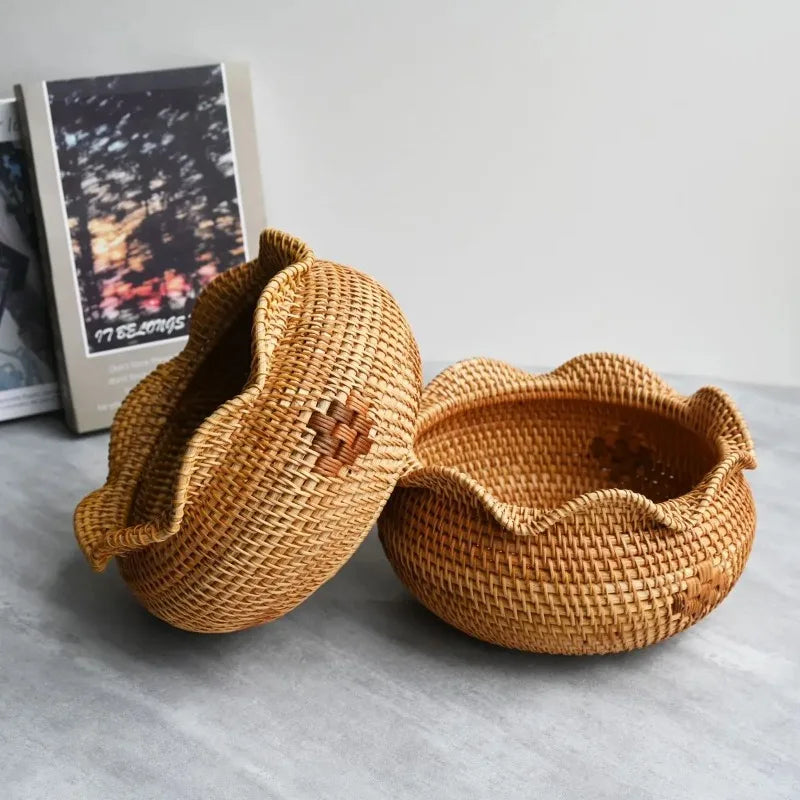 panier rangement osier marron clair motifs géométriques traditionnel fruits décoration maison rustic