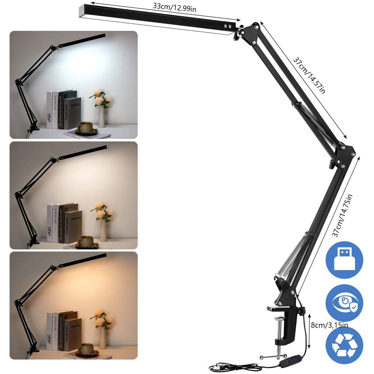 lampe moderne led réglable blanc noir clip table oscillante métal plastique fonctionnelle