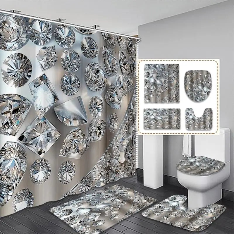 rideau douche moderne diamants gris blanc tapis antidérapant ensemble pièces crochets
