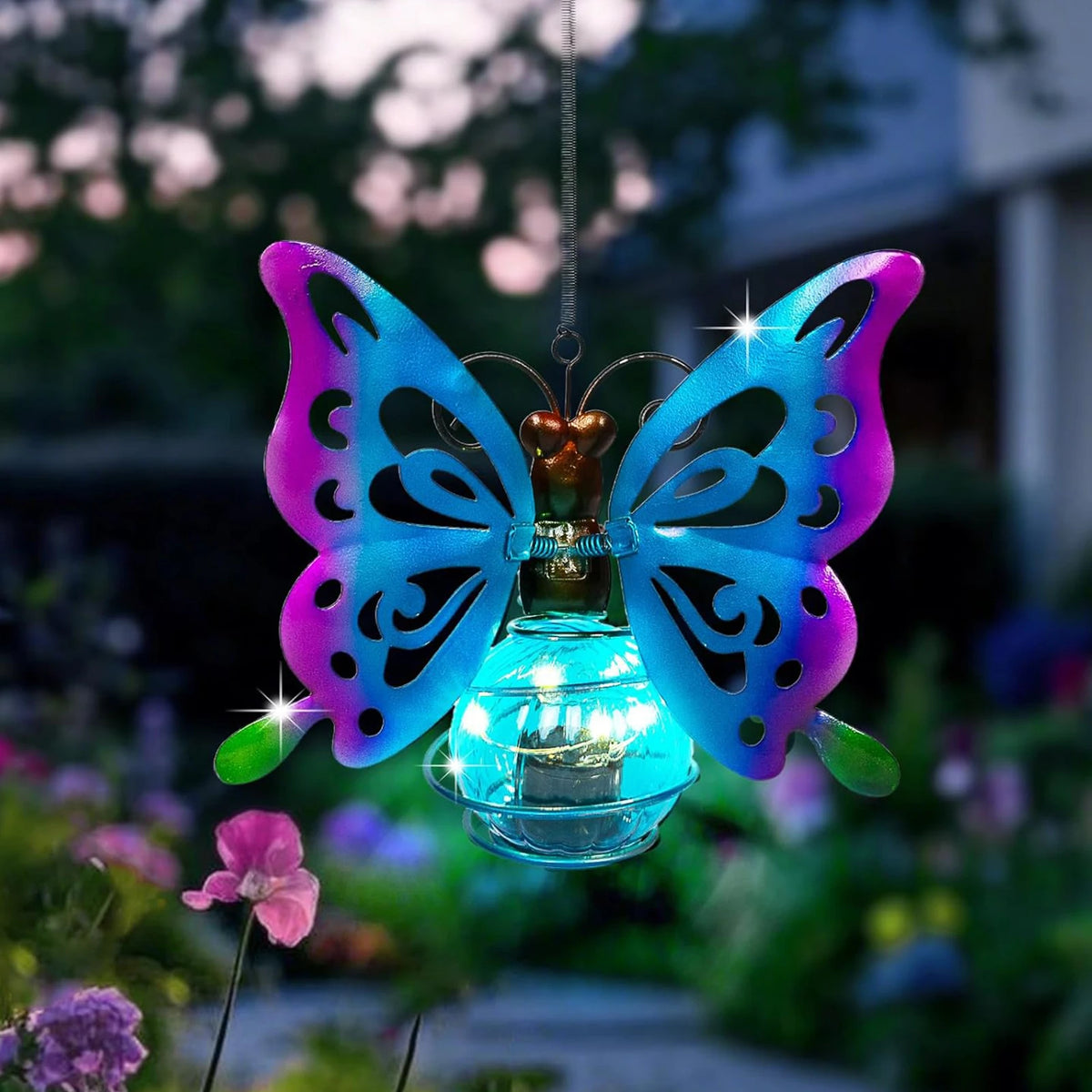 lampe solaire décorative papillon transparent moderne bleu violet vert métal bouton allumage