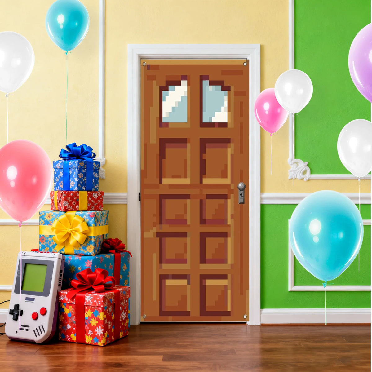 décoration murale pixelisée porte fenêtres translucides rétro jeu vidéo enfant anniversaire fête chambre garçon
