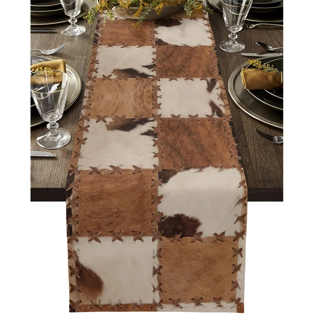 chinois table chemin patchwork cuir vache lin rustique marron blanc geometrique imprimé farmhouse deco