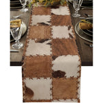chinois table chemin patchwork cuir vache lin rustique marron blanc geometrique imprimé farmhouse deco